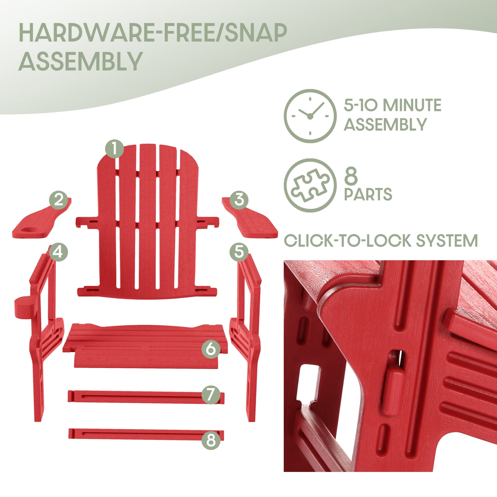 WestinTrends Azura Tool-Free Assembly Outdoor Patio HDPE Plastic Adirondack Chair with Cup Holder (Set of 2), Red