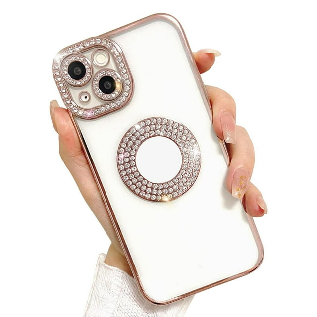 Supershield iPhone 15 Case, Camera Protection with Glitter Sparkle Diamond Bling Rhinestone Shiny Cute Cover with Logo View Case Compatible with iPhone 15 - Rose Gold