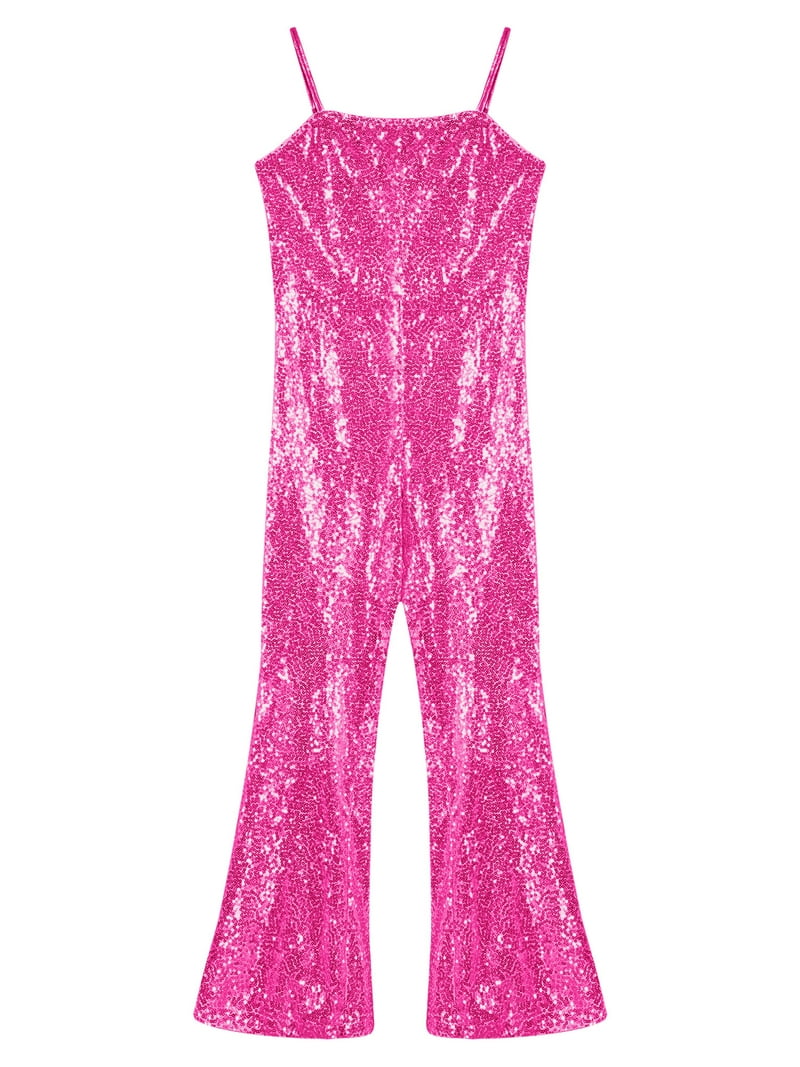 DPOIS Kids Girls Shiny Sequins Bell Bottoms Dance Jumpsuit for
