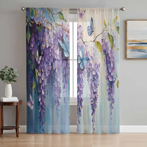 Butterfly Flower Sheer Curtains 63 Inch Length 2 Panels Set, Pastoral Purple Painting Grunge Art Voile Window Treatment Rod Pocket Curtains Sheers Drapes for Bedroom/Living Room/Kitchen 52x"63"x2