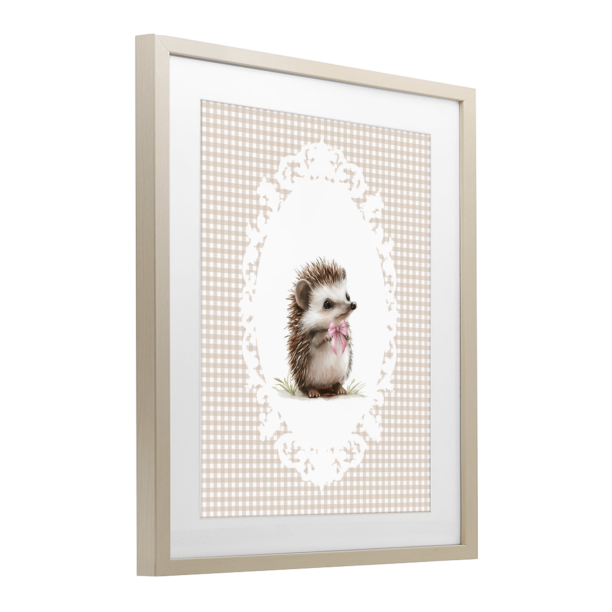 Stupell Industries Vintage Bow Hedgehog on Gingham Birch Framed Print Under Glass, design by Christine Simpson Art