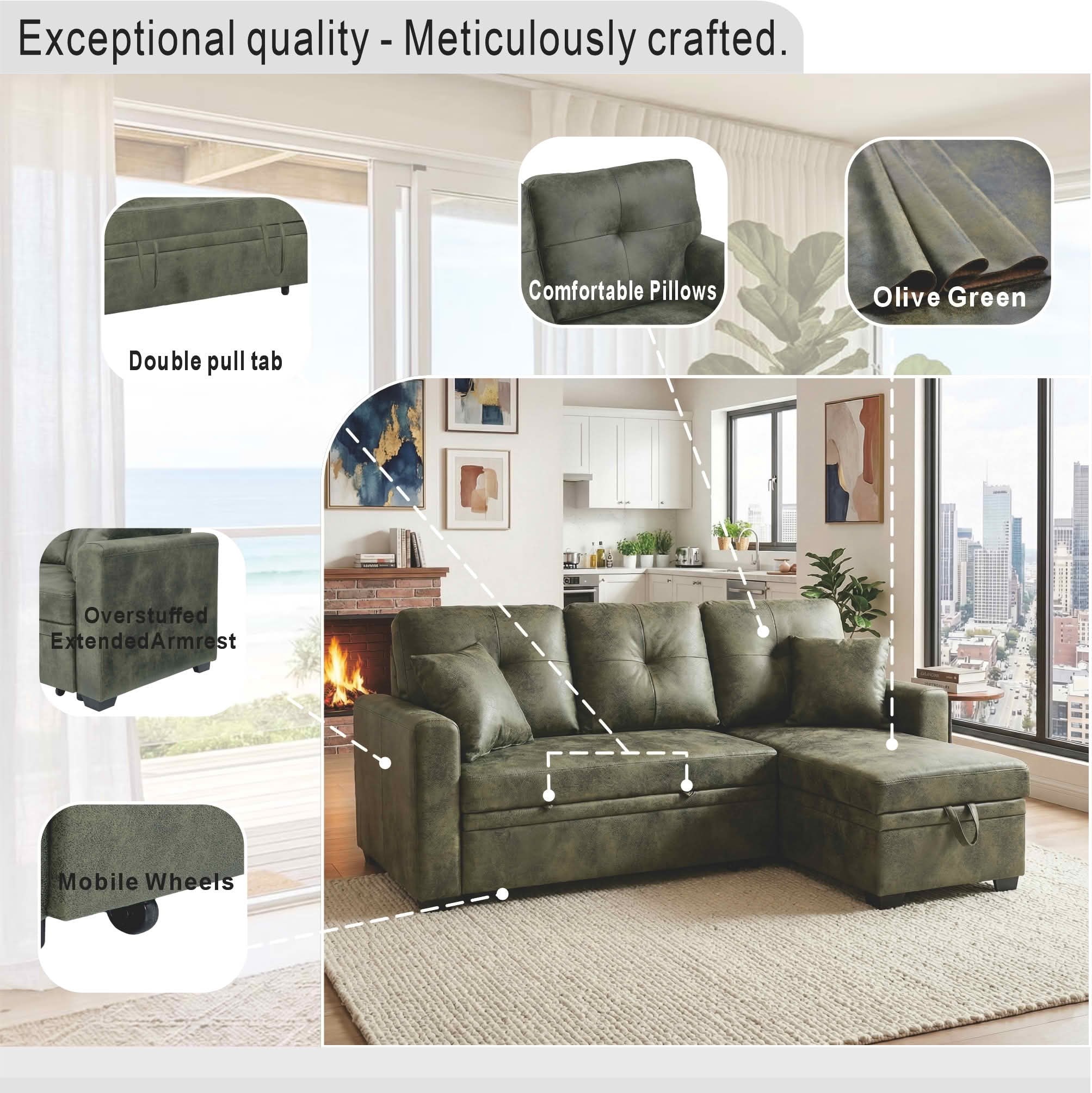MAYEERTY 71" Breathable Fabric Sleeper Sectional Sofa, L-Shaped Convertible Pull-Out Sofa Bed with Reversible Chaise & Hidden Storage, Multi-Functional