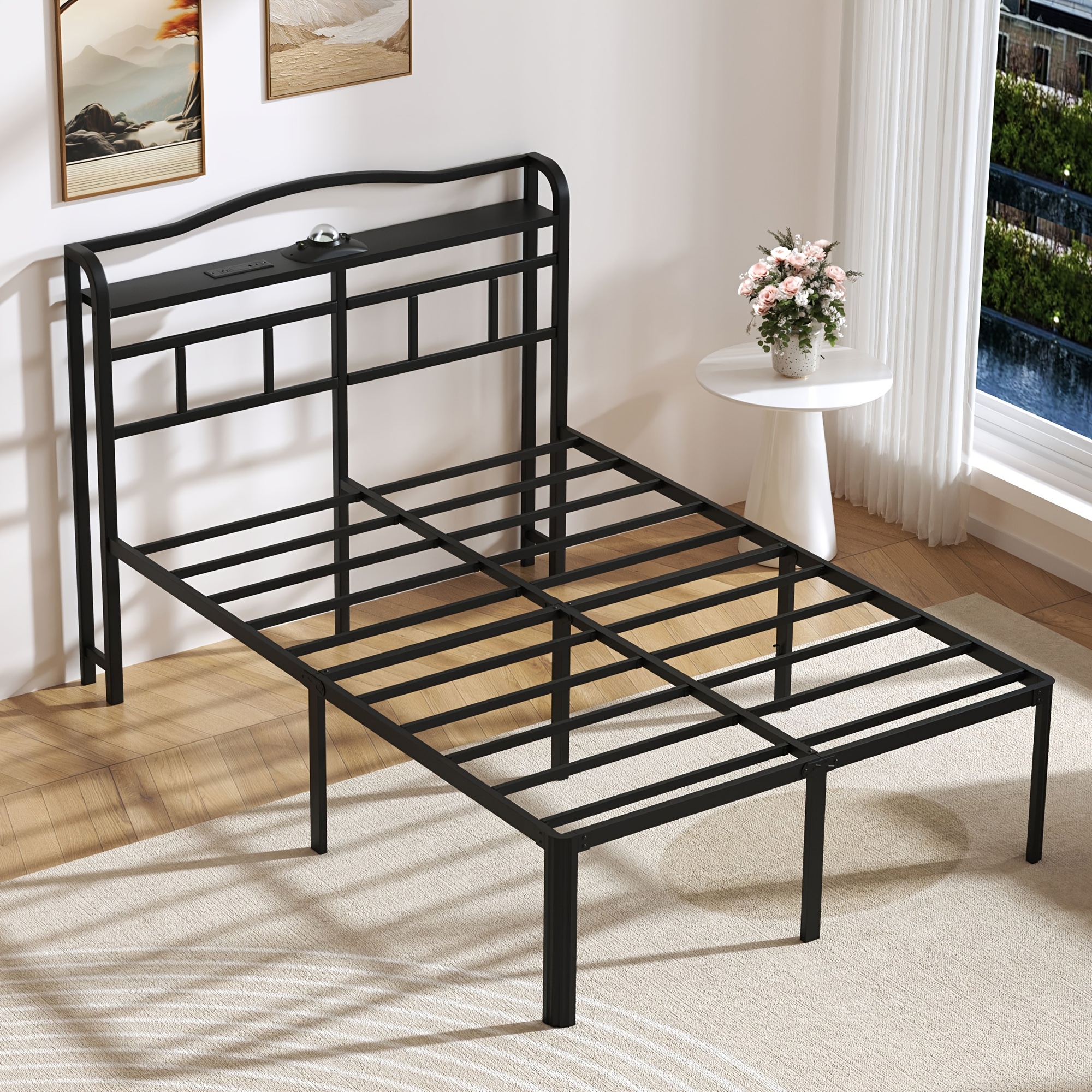 WANTAI Queen Bed Frame - Storage Headboard with Charging Station & Galaxy Aurora Projector, 14 Inch Sturdy Metal Platform Bed Frame No Box Spring Needed, Easy Assembly, No Noise, Black