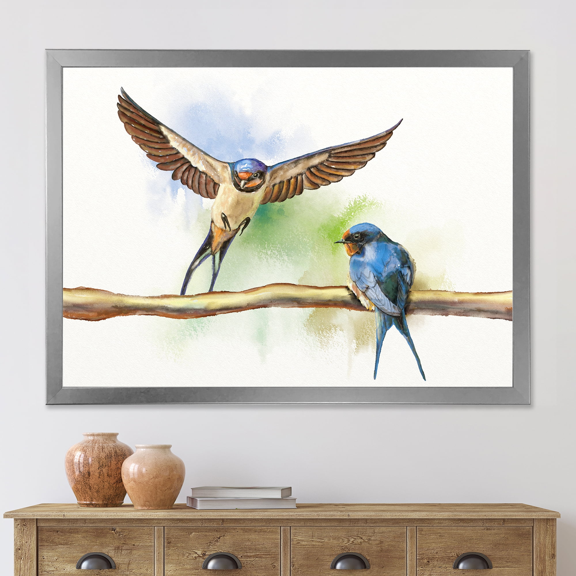 Designart 'Two Barn Swallows Birds On Branch' Farmhouse Framed Art Print