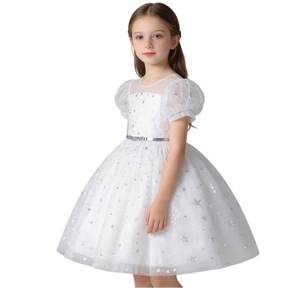 AWZXDE Girls Dress Tutu Gown With Sleeves For Birthday Party Pageant Performance Glitter Wedding Formal Dress 4-12 Years White