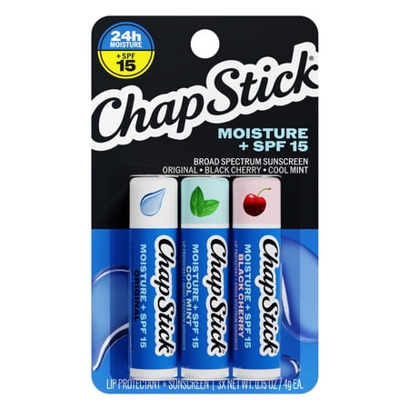 ChapStick Moisture + SPF 15 Lip Protectant with Broad Spectrum Sunscreen, Variety Pack, Relieves Dryness, 24 Hour Moisture, Hydrating Lip Balm, Original, Black Cherry, Cool Mint, 3-Pack, 0.15 oz Each