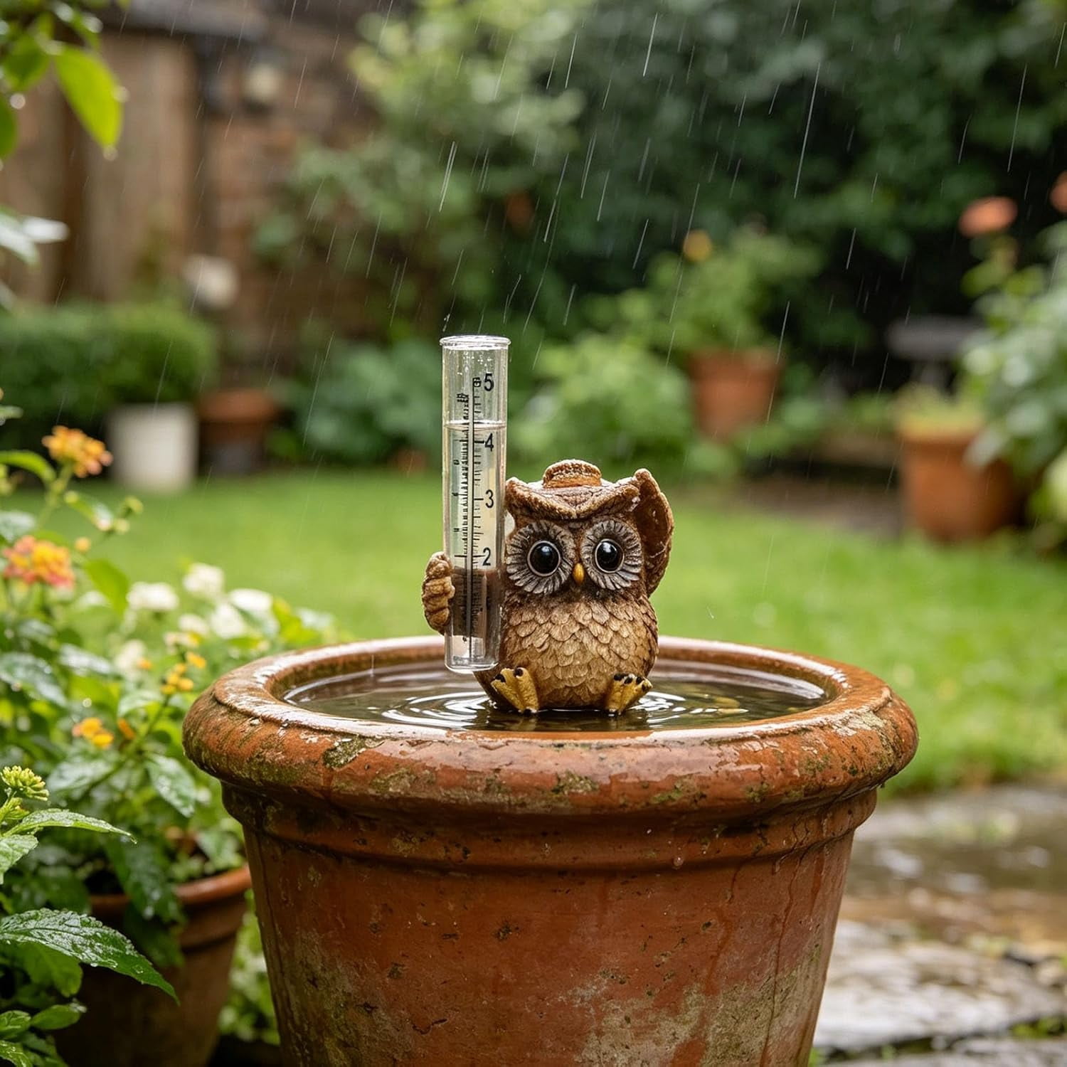 Cute Owl Resin Rain Gauge Outdoor Decor, Rainfall Measuring Tool with Scale Markings & Measuring Tube, Decorative Rain Gauge for Yard, Patio, Deck (Khaki)