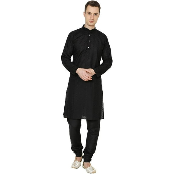 Royal Kurta Men's Cotton Chikan Kurta Churidar Black