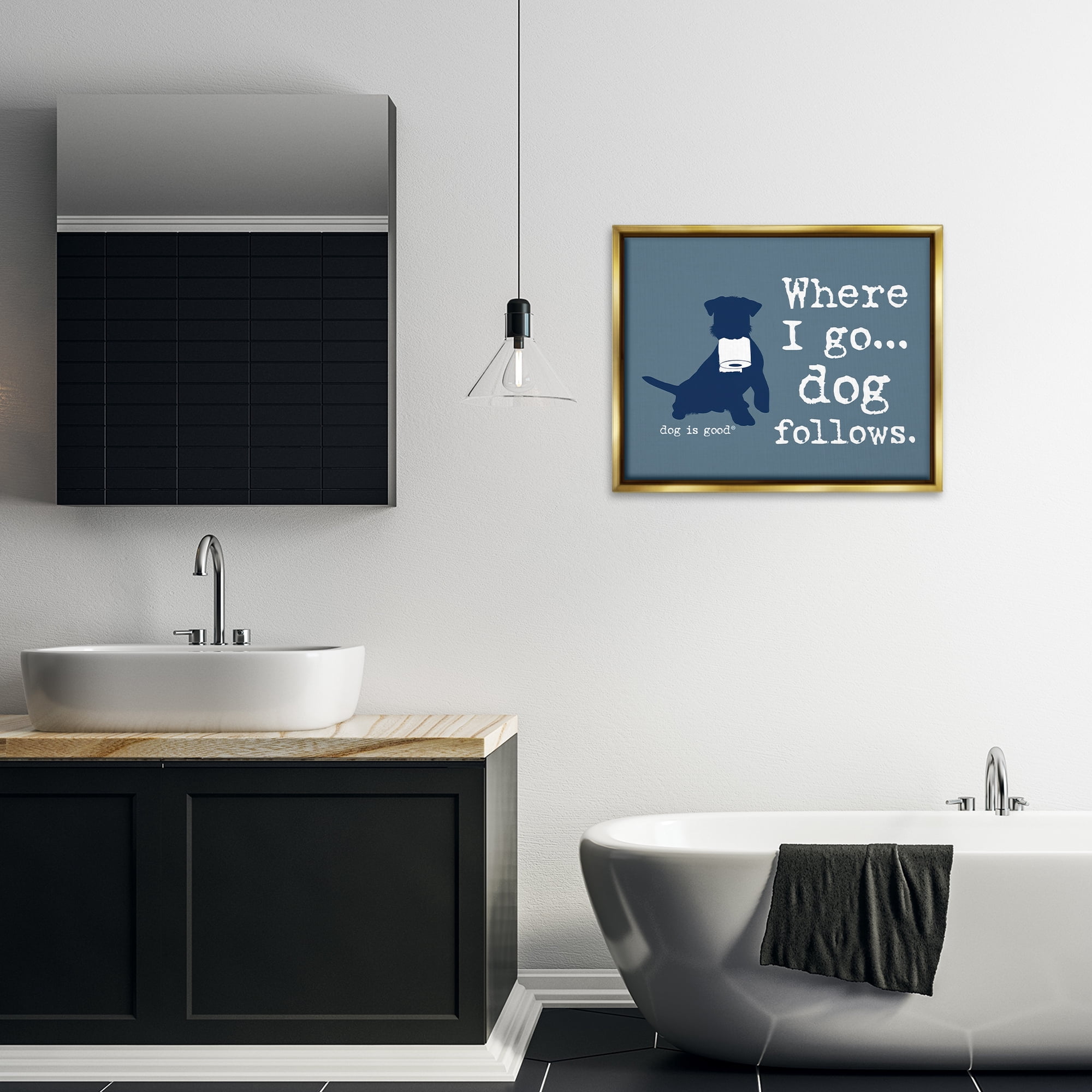 Stupell Industries Where I Go Dog Follows Animals Painting Gold Floater Framed Canvas Art Print Wall Art, 31 x 25