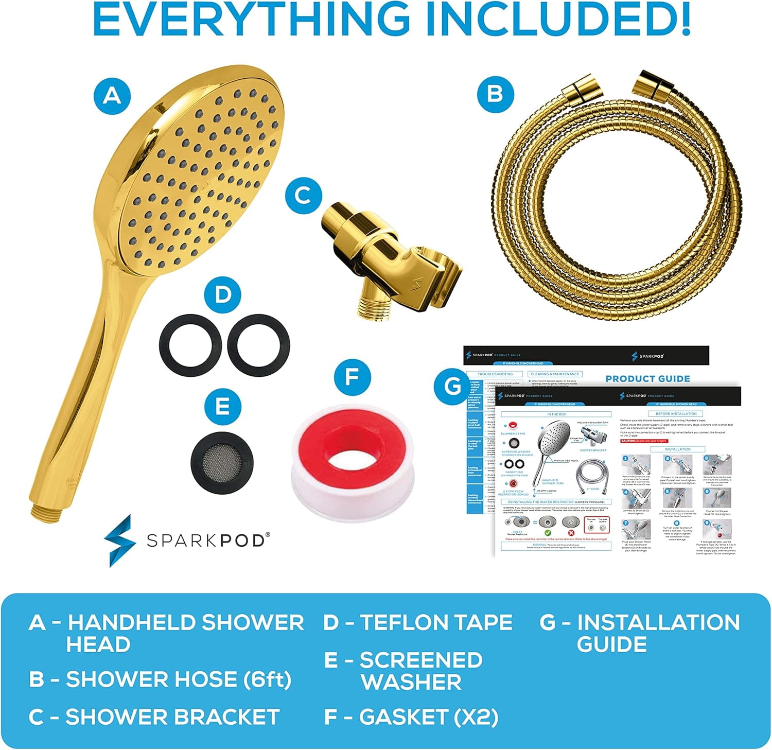 SparkPod Rainfall Shower Head with Handheld - 6-Inch Head, 6ft Hose, Adjustable Bracket (Egyptian Gold)