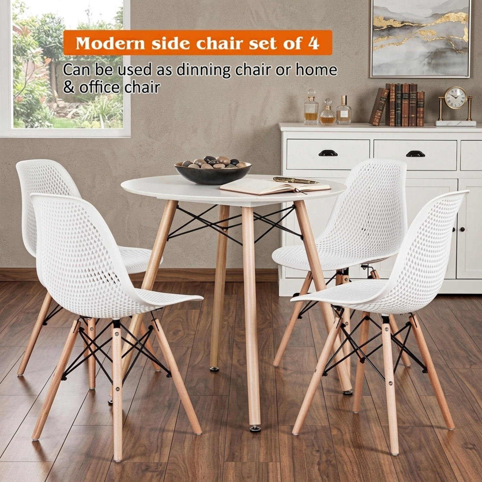 Furnibear 4 Pieces Modern Plastic Hollow Chair Set with Wood Leg for Kitchen Dining Room Living Room Home, White