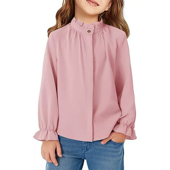 Krdevn Girls Casual Blouse Long Sleeve Ruffle Trim Plain Shirt Loose Fit Spring Top with Stand Collar,11-12 Years
