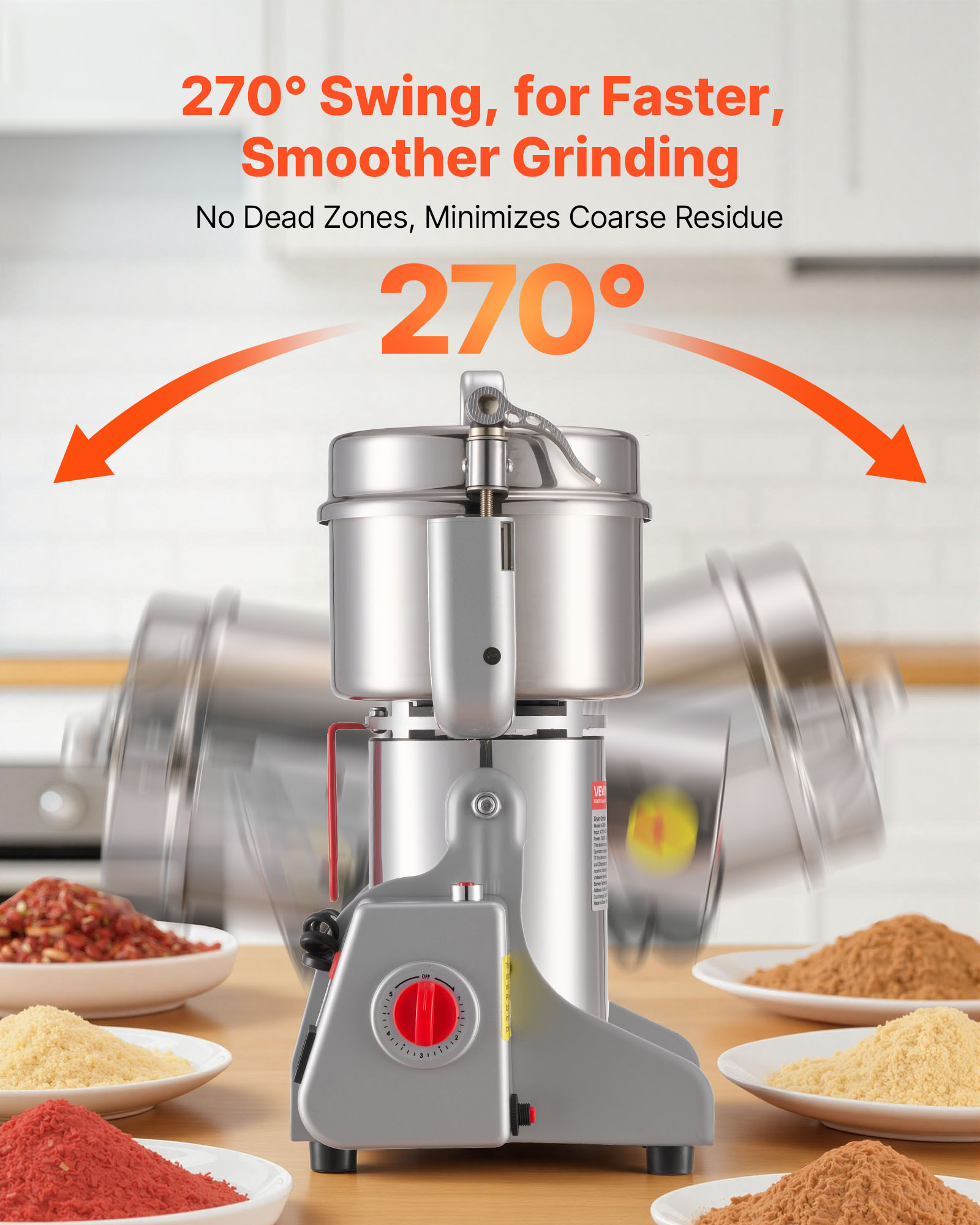 VEVOR Electric Grain Mill Grinder, 1.8 lbs Commercial Spice Grinders, High Speed 2100W Stainless Steel Pulverizer Powder Machine, for Dry Grains, Spices, Cereals, Coffee, Corn & Pepper, Swing Type