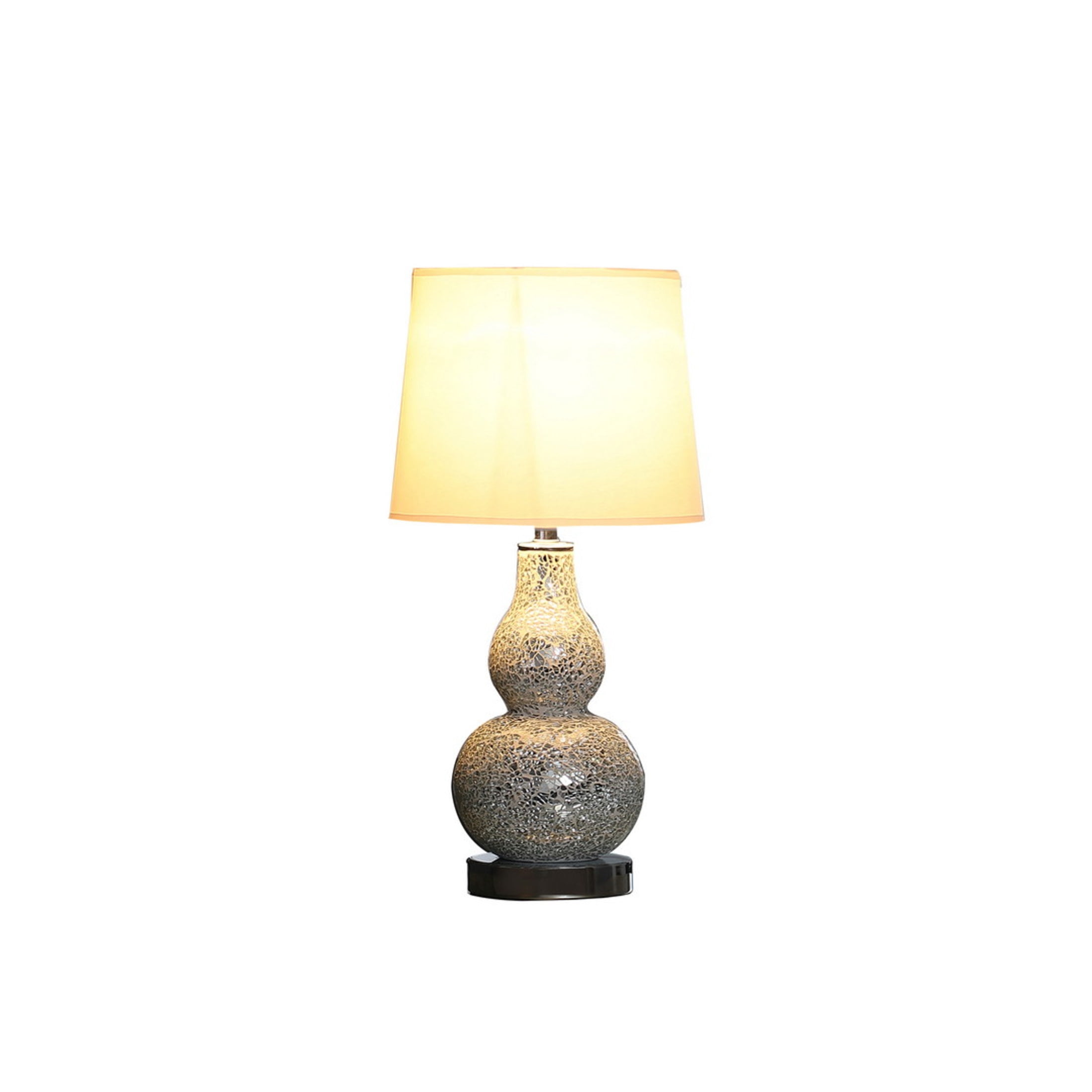 Noble House 19.5" Mirror Mosaic Table Lamp, Chrome Polyresin Base with White Linen Shade, Space-saving Design, Silver