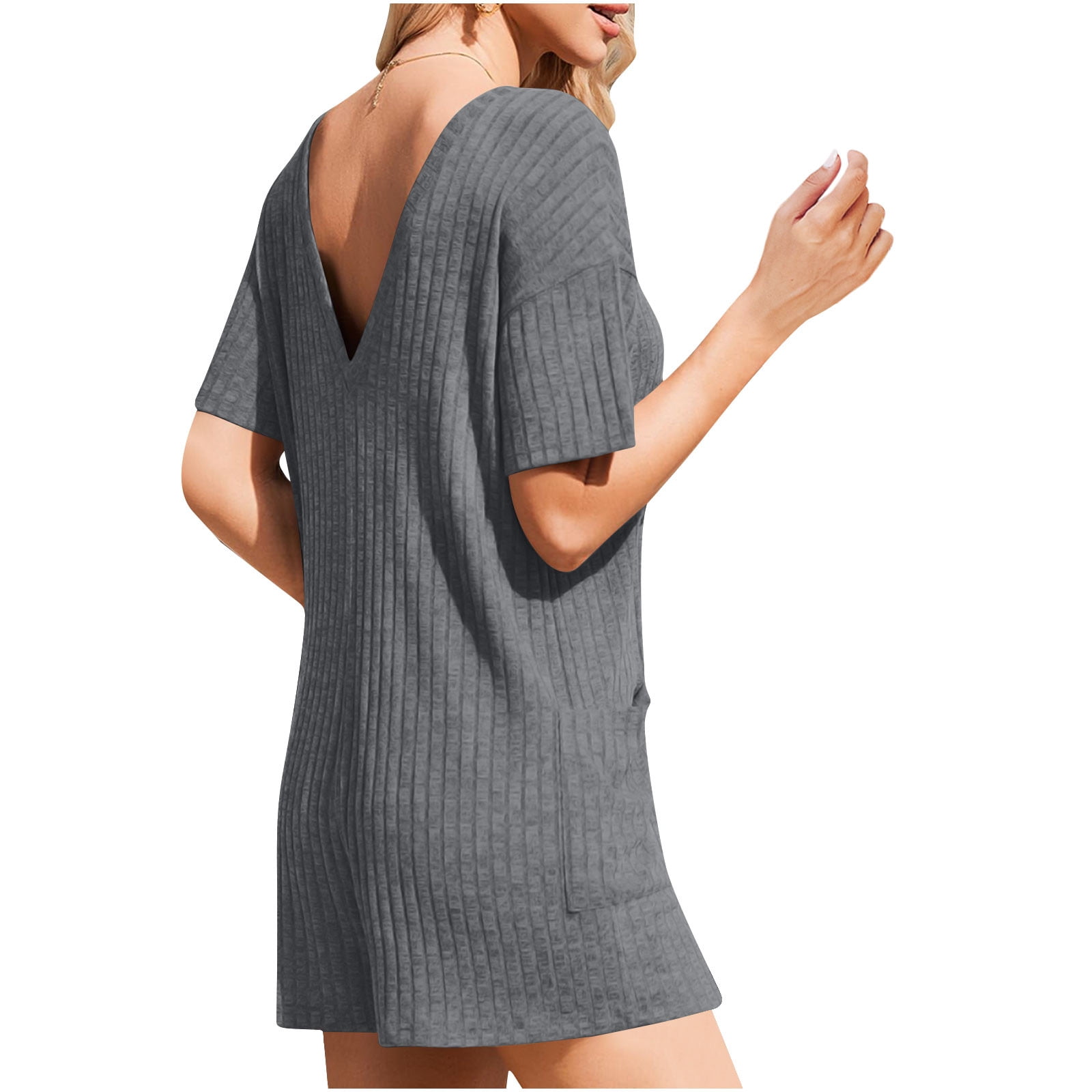 Feancey Oversized Rompers for Women Plus Size Trendy Knitted Jumpsuits Business Casual Short Sleeve Overalls Solid Color Loose One Piece Romper with Pockets Dark Gray XL