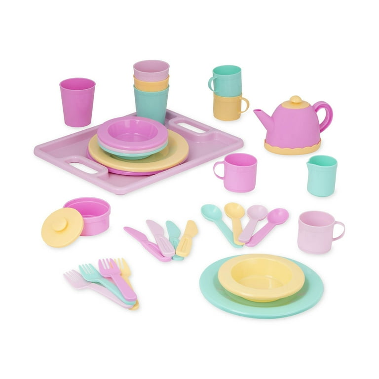 Play Circle by Battat - Dishes Wishes Dinnerware Set - Colorful Plates,  Teapot, Cups, Spoons, Forks, Serving Tray, and More - Pretend Play Toy  Kitchen