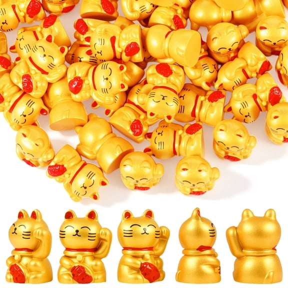 50Pcs 0.78" Mini Lucky Cat Figurine Gold Resin Lucky Waving Cat Maneki Neko Statue Mini Cat Figurines for Fairy Garden Decor Dollhouse