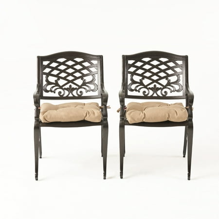 Weston Outdoor Cast Aluminum Dining Chair with Cushion, Set of 2, Hammered Bronze, Tuscany