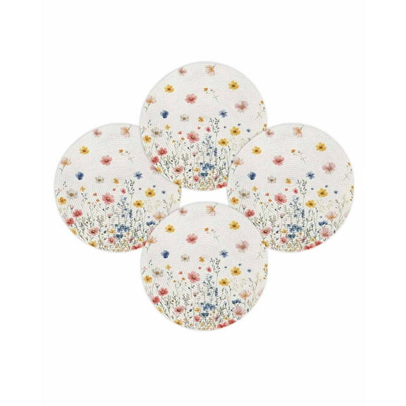 Round Placemats Set of 4 Wildflowers Place Mats Washable Woven Placemat Farmhouse Floral Branch Linen Circle Braided Table Mat for Kitchen Dining Table Party Home Decor 15 Inch