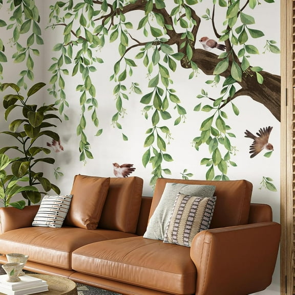 Plant Wall Decoration Large Green Tree Branch Wall Stickers, 3 Sheets Hanging Vine Tree Wall Decals Peel and Stick Leaves Branch Wall Murals Decor for Living Room Bedroom (Green, 11.8 * 35.4inch)