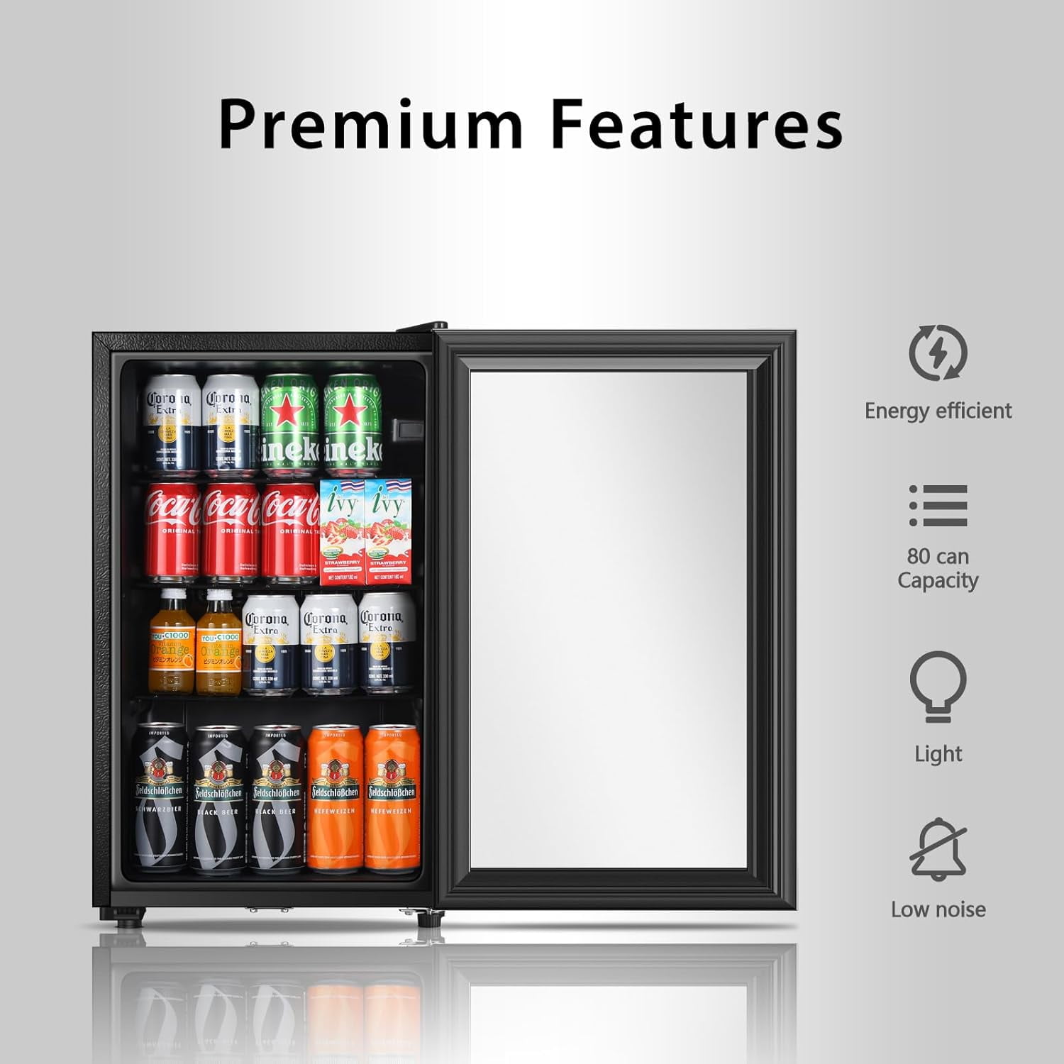 HUMSURE 80 Can Freestanding Beverage Refrigerator, 2.3 cu.ft Drink Fridge with Glass Door, LED Light