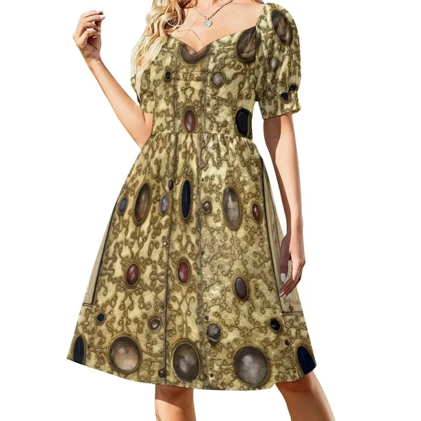 Vestido de verano de manga corta con encuadernación de libros sagrados antiguos con gemas e íconos bizantinos para mujer