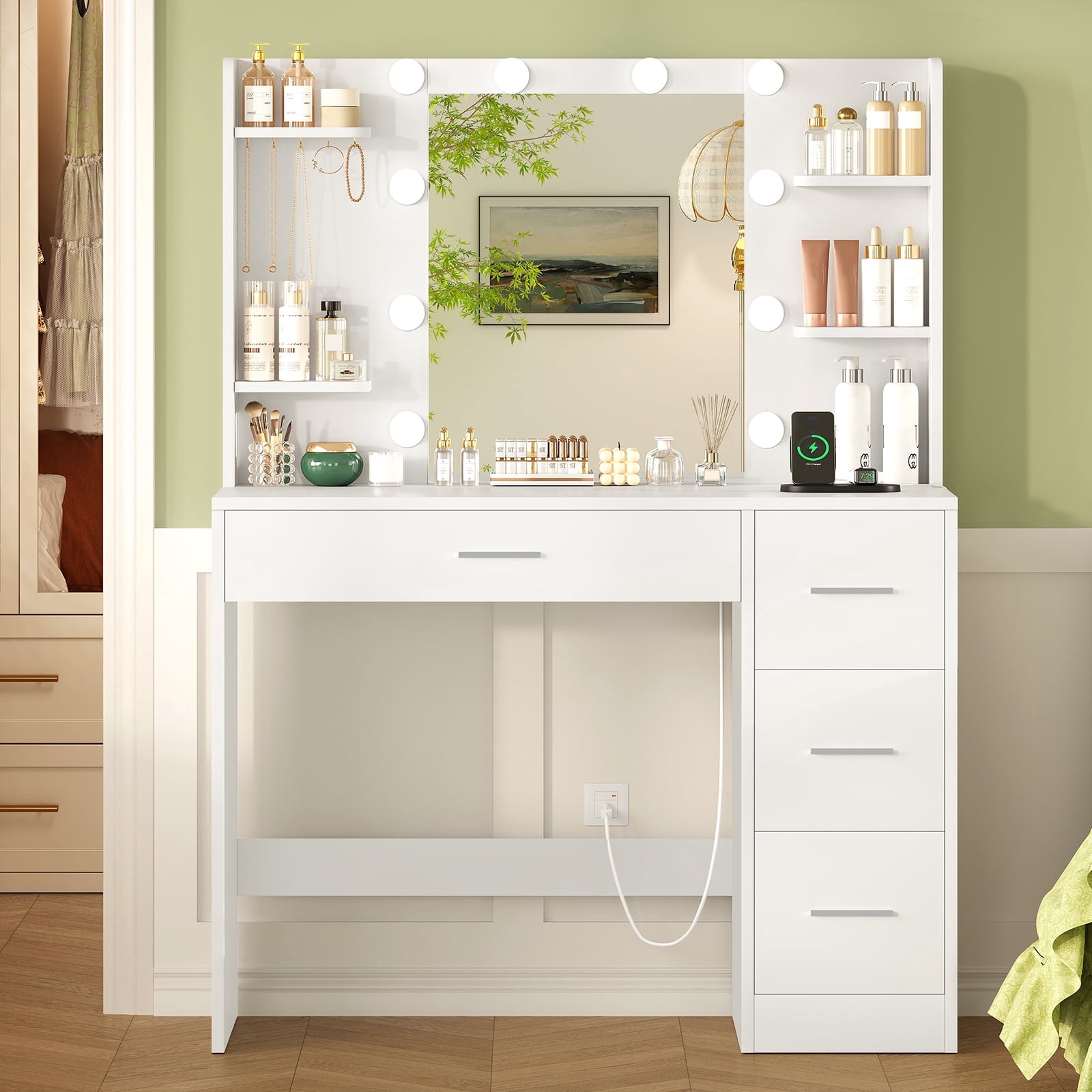 Makeup Vanity Set with Mirror & Lights, Vanity Desk with 4 Drawers, Vanity Table with Power Outlet, 3 Color Modes & Adjustable Brightness