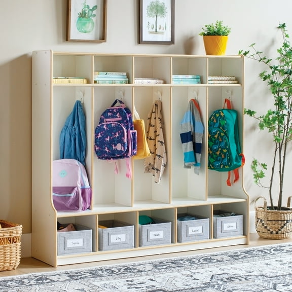 Guidecraft EdQ 5-Section Wooden Storage Locker with Bench Seat for Classroom, Kids White Cubby Organizer with Shelves and Hooks for Coats
