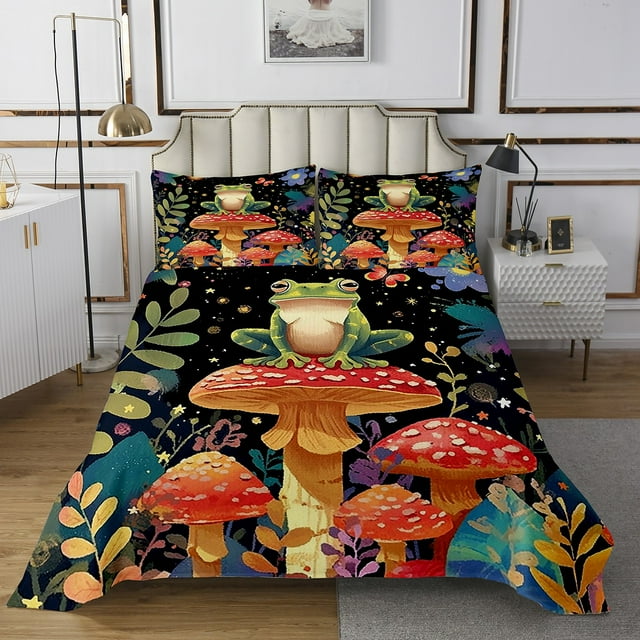 Erosebridal Ensemble de Courtepointe Grenouille de Jungle pour Lit Simple, Ensemble de Couvre-Lit Botanique Hippie Taille Simple, Courtepointe Réversible Champignon Rouge, Décoration de Chambre Légère, 2 Pcs