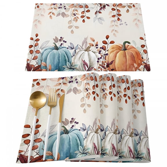 ACDANC Fall Thanksgiving Placemats Set of 6,Watercolor Autumn Pumpkins Eucalyptus Leaves Heat Resistant Washable Linen Table Place Mats Party Holiday Decor for Home Kitchen Dining Outdoor Indoor