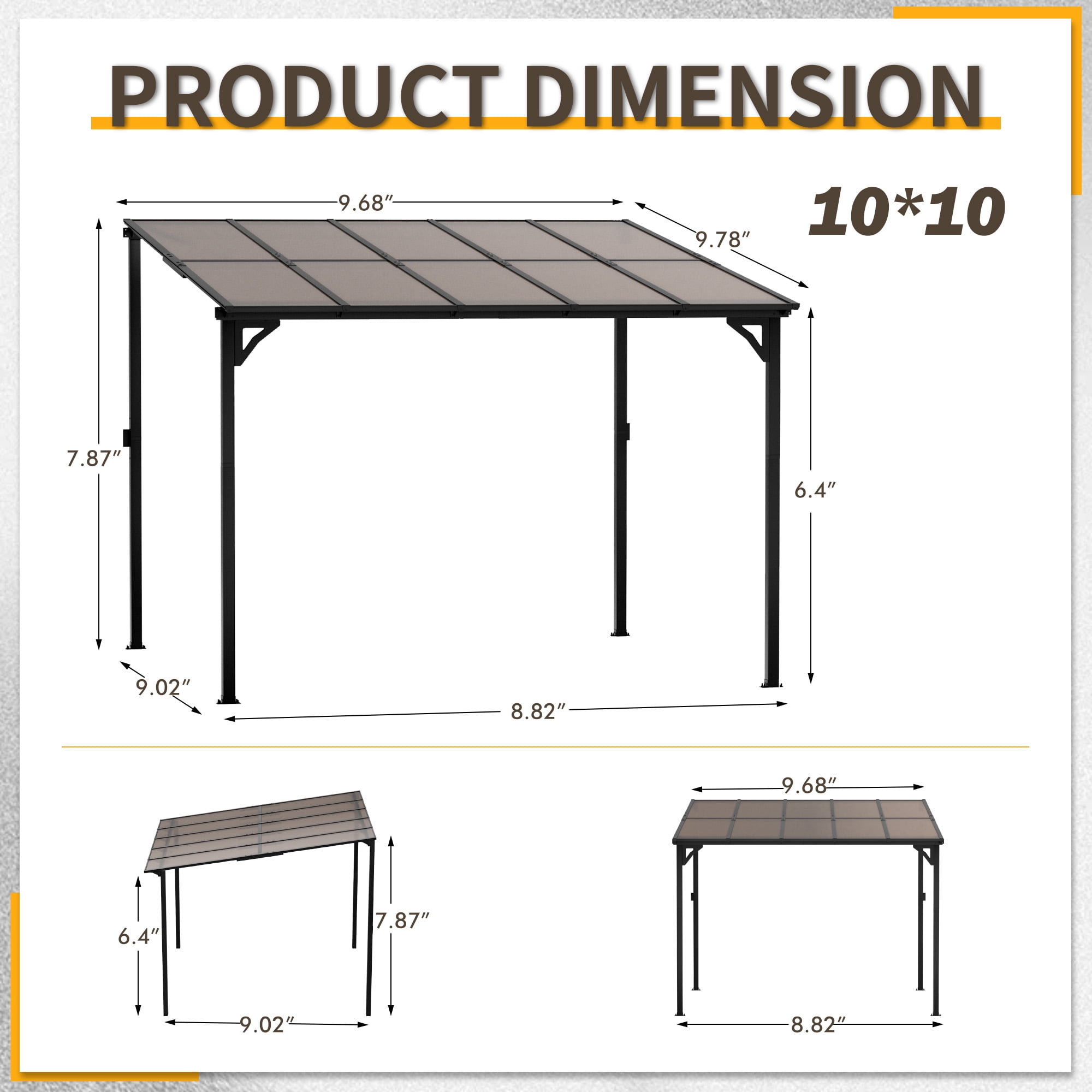 Devoko 10*10 ft Patio Wall-Mount Wall-Free Lean-to Hardtop Pergola Gazebo with Metal Frame and Lean-to Polycarbonate Roof for Backyard and Garden