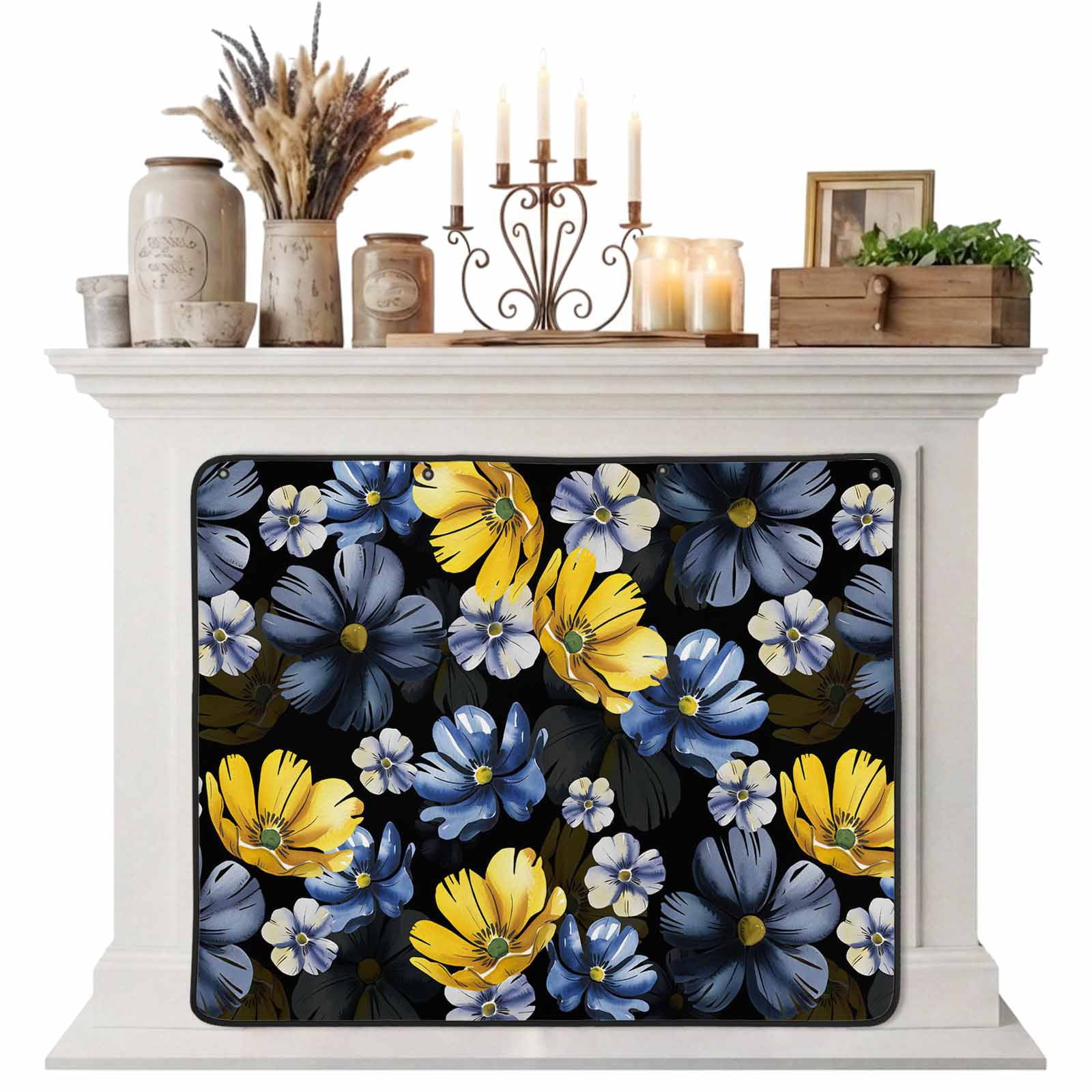 Magnetic Fireplace Cover Yellow Floral Fireplace Screen Navy Blue Flowers Insulation Fireplace Blocker Blanket Save Energy Fireplace Draft Stopper Covers for Living Room 45x34
