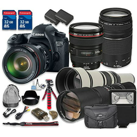 Canon EOS 6D Digital SLR Camera with Canon EF 24-105mm f/4L IS USM Lens + Canon EF 75-300mm f/4-5.6 III Lens + 500mm f/8 Telephoto T-Mount Lens + 650-1300mm f/8-16 T-Mount Lens - International (Canon 15 85 Lens Best Price)