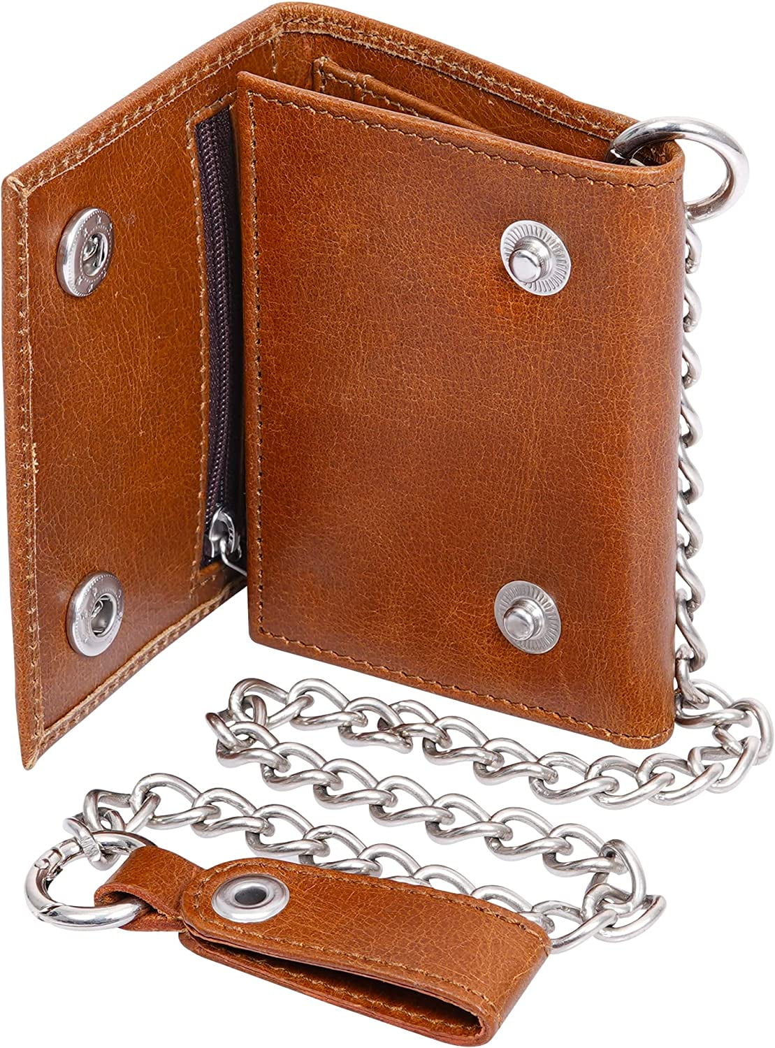 RAWHYD Full Grain Leather Trifold Chain Wallets for Men with Snap Closure, Mens Wallet, Biker