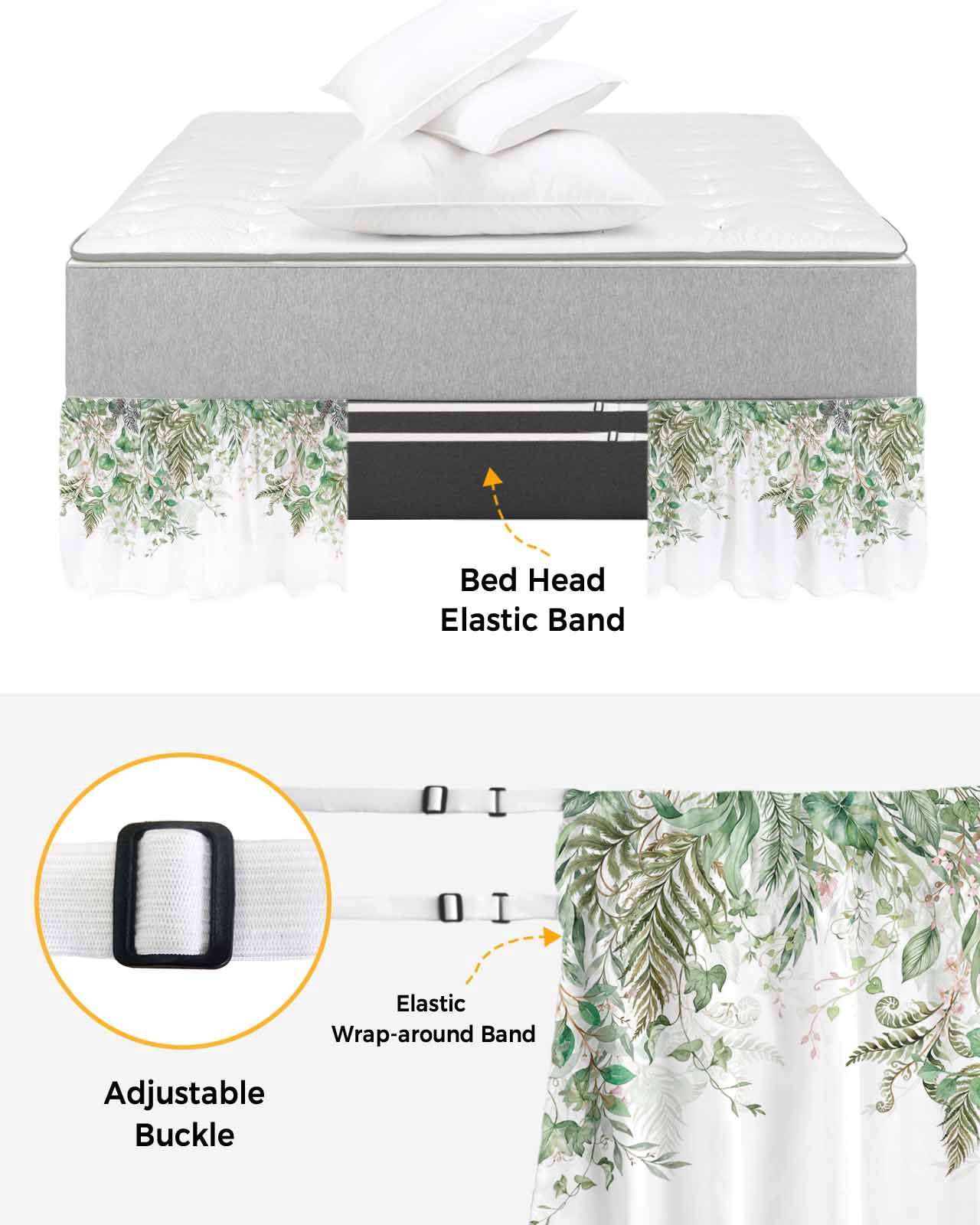 Sage Green Leaves Bed Skirt Queen Size 18 Inch Drop, Wrap Around Bed Skirts, Weeping Spring Floral Elegant Pastoral Elastic Bedskirt Pleated Bed Frame Cover Luxurious Dust Ruffle for Queen Bed