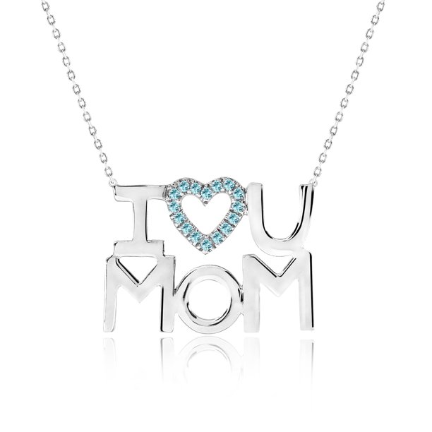 JeenMata Collar con Colgante de Corazón Abierto Adornado con Piedra Azul Claro "Te Amo Mamá" en Oro Blanco de 18 K sobre Plata - Piedra Natal de Diciembre - Regalo para Mamá