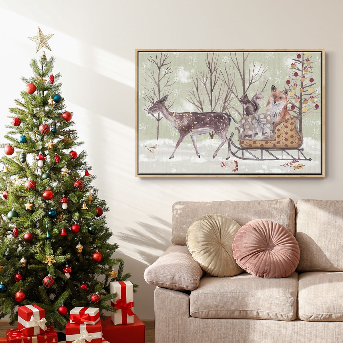 Christmas Time Collection A - Framed Gallery Wrapped Holiday Canvas - 25 x 37 - Natural Wood Frame