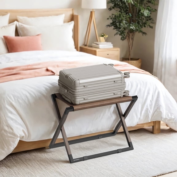 LEDREM Foldable Luggage Rack with Synthetic Leather Shelf, Metal Suitcase Stand for Guest Room Hotel Bedroom, Walnut Brown and Ink Black