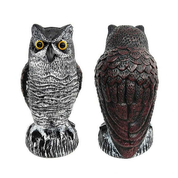 Solar Owl Decoy for Bird Scare, Moving Head Garden Repellent with Night Glow Eyes, Resin Rodent Deterrent for Yard/Orchard/Barn (Round-faced Red-backed Owl)