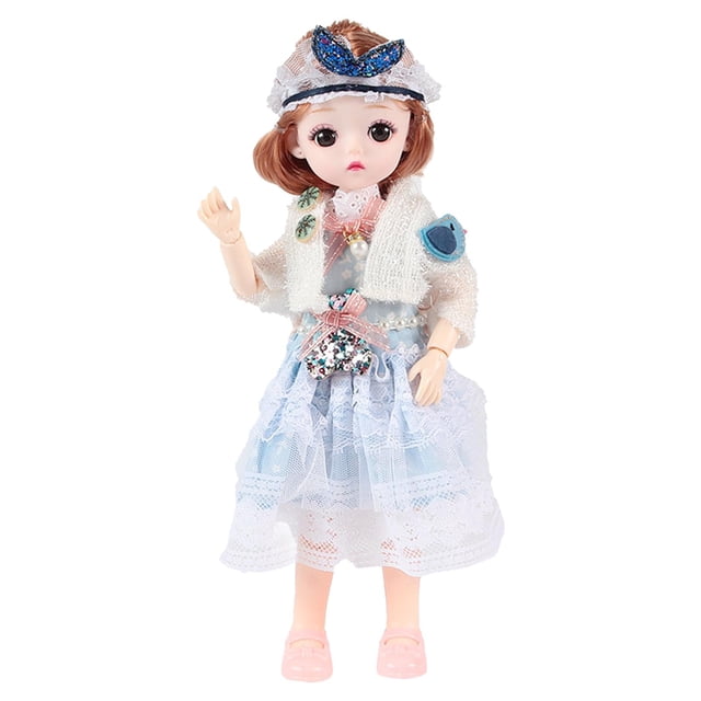 30cm Bjd Doll Mini Girl Doll Hecho a mano Cabello grueso Hermoso atuendo Moda Azul blanco
