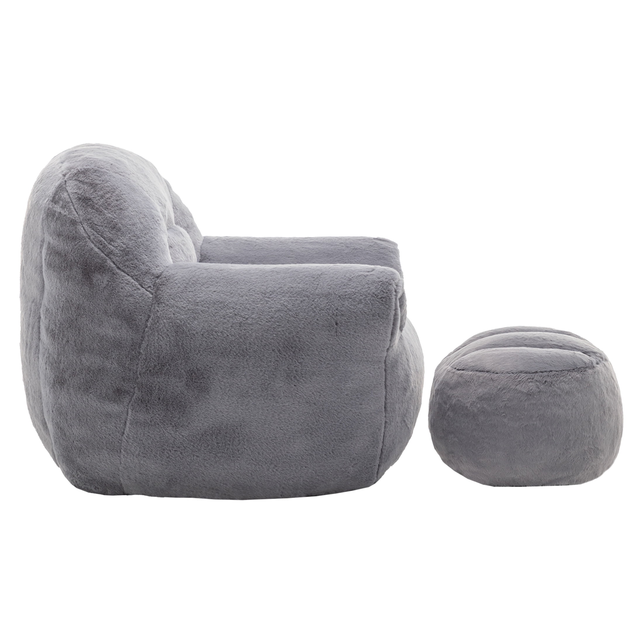 Noble House Elijah Faux Fur Bean Bag Chair with Ottoman Set, Comfy Stuffed Floor Lounge Sofa with Back Support, Dark Gray