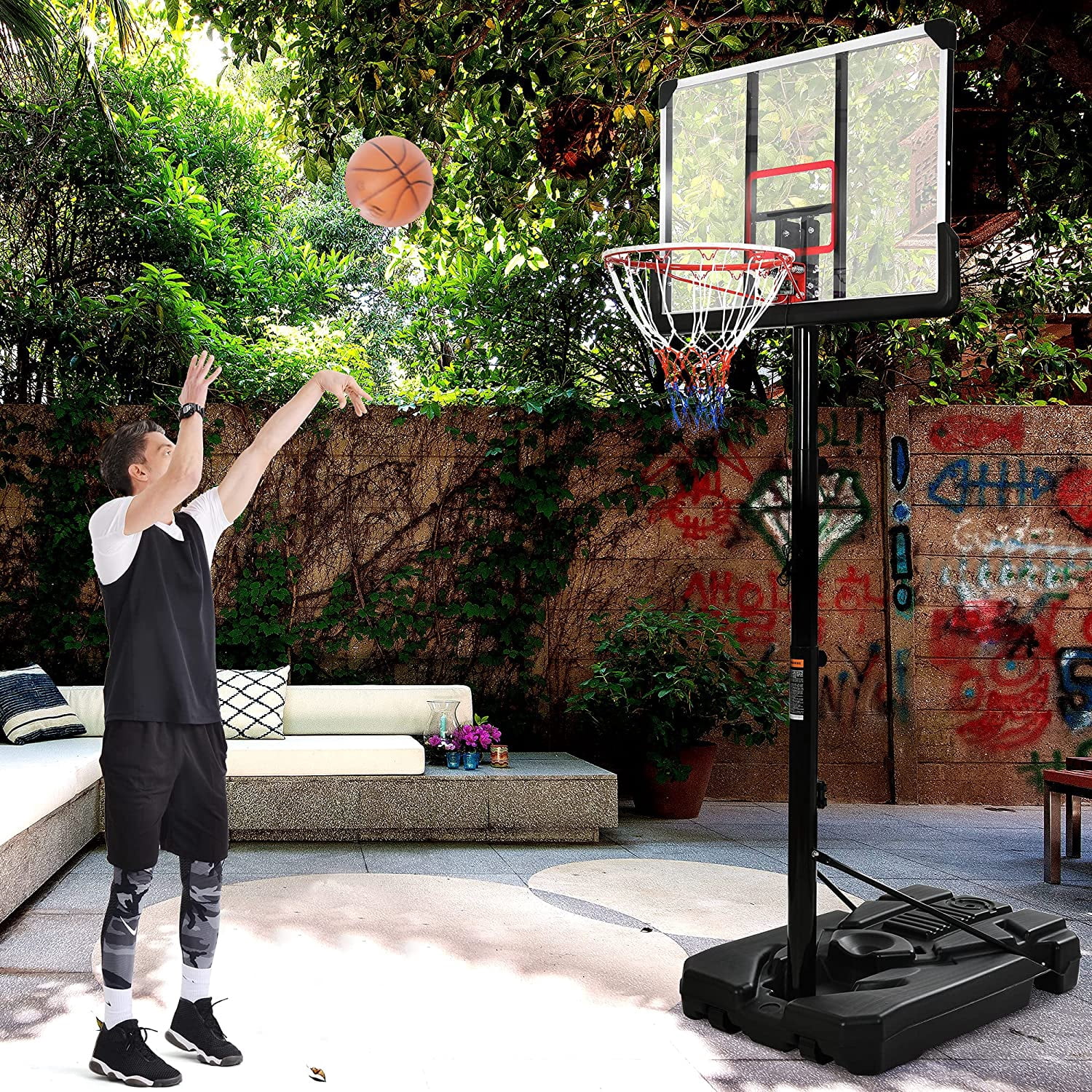Sumdeal Portable Basketball Hoop & Goals with LED Lights, Basketball System 6.6-10ft Height Adjustment and Wheels, 44" Backboard, Basketball Stand for Both Youth and Adults Indoor Outdoor, Black