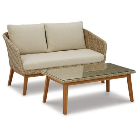 Signature Design by Ashley Outdoor Crystal Cave Modern Patio Wicker Loveseat with Table Beige