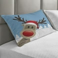 thumbnail image 2 of Christmas Quilted Pillowcover, Reindeer Rudolph Red Nose and Santa Claus Hat Snowy Forest, Standard King Size Accent Pillow Cover for Bedroom, 36" x 20", Pale Blue Red Pale Brown, by Ambesonne, 2 of 2