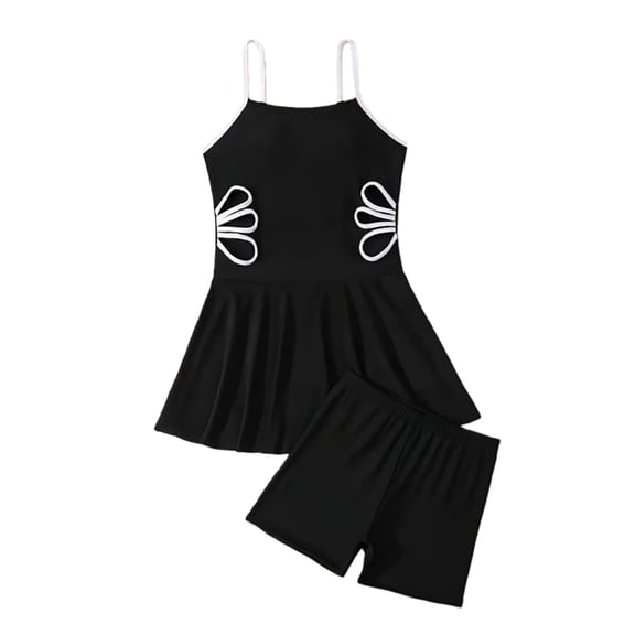 Girls Swimsuit Two Piece Hollow Out Design Cute Ruffle Beach Bathing Suit Spaghetti Strap Color Block for Toddler Kids Black 9 Years-10 Years