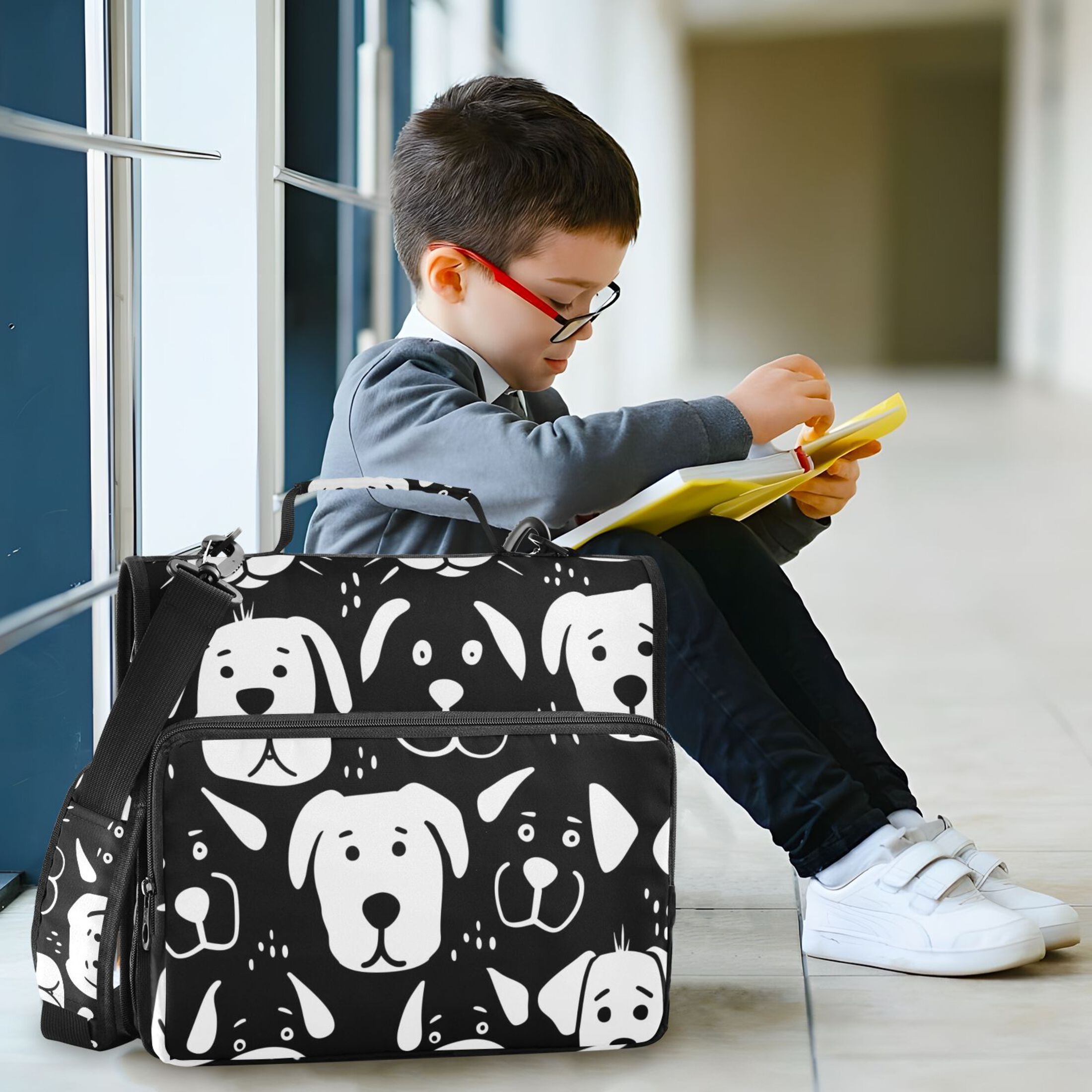3 Ring Zipper Binder with Shoulder Strap Waterproof Trapper Keeper 2 Inch D-Ring 500 Sheets Capacity Black White Dog Face