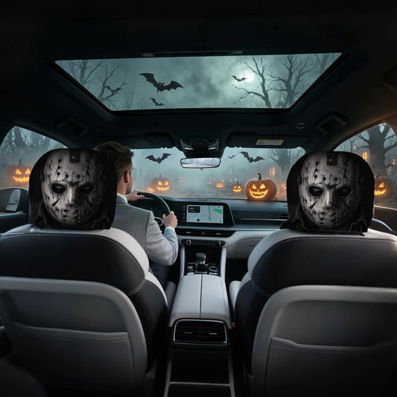 2PCS Ghost Face Headrest Covers Scary for Cars Funny Cartoon Cover Halloween Creative Smiling Car Eye Faces Seat Spooky Polyester Design Stretchable Fabric Horrible Set Big Grinning