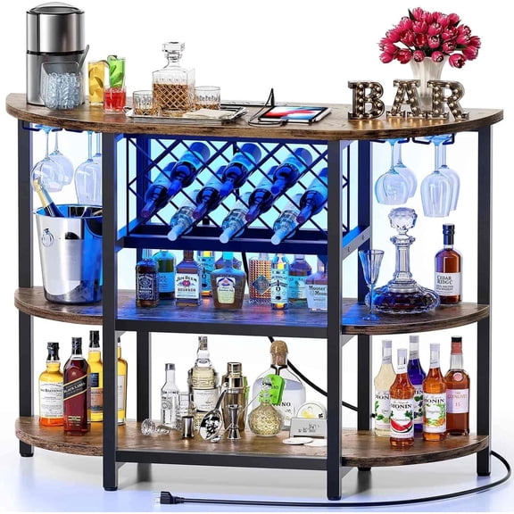Nextay 4-Tier Floor Bar Cabinet with LED Lights & Power Outlet, Freestanding Wine Rack and Coffee Bar Station with Glass Holder, Brown