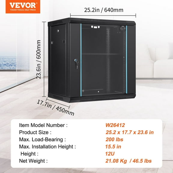 12U Wall Mount Server Rack, 15.5'' Deep Network Cabinet - Locking Glass Door, 200 lbs Capacity, for IT/AV Equipment - Compact & Secure Enclosure