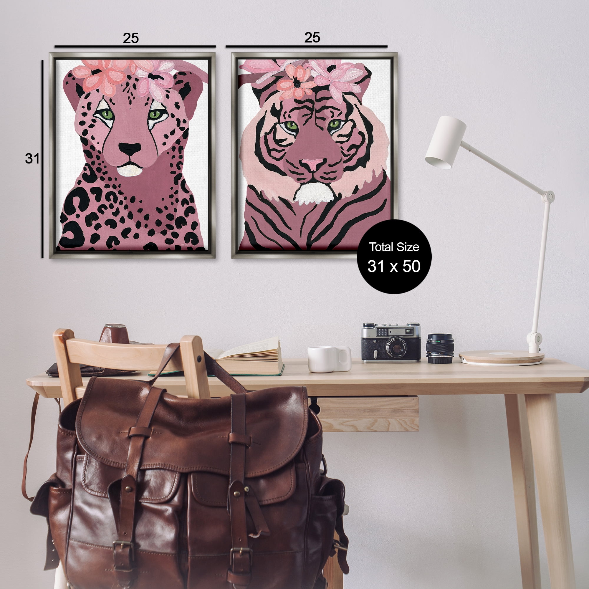 Stupell Industries Floral Cheetah Tiger Animals Painting Gray Floater Framed Canvas Art Print Wall Art, 31 x 25, Set of 2